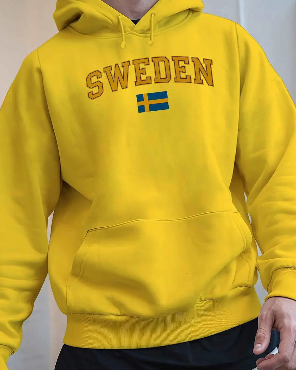 Men's Sweden Flag Graphic Hoodie - Black Velvet Fleece Sweatshirt with Yellow Lettering, Regular Fit Casual Winter Pullover