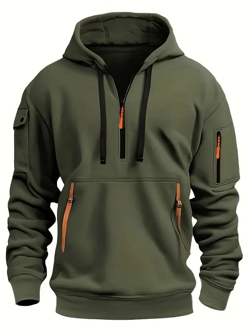 Men's Fashionable Hooded Sweatshirt with Multiple Pockets and Zippers, Casual Long Sleeved Pullover, Regular Fit, Solid Color Kn