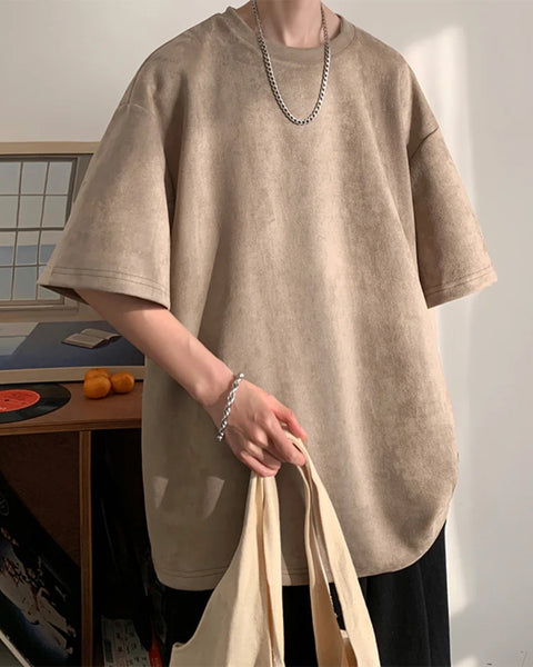 Men's Suede Short Sleeve T-shirt Vintage Loose T-shirts Women Casual Oversized T Shirt O Neck Retro Harajuku Tops Tees New 2023