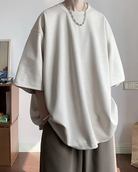 Heavyweight Suede Short Sleeve T-Shirt Men's American Oversize Trendy Loose Seven-Quarter Large Size Body Shirt Casual Wear