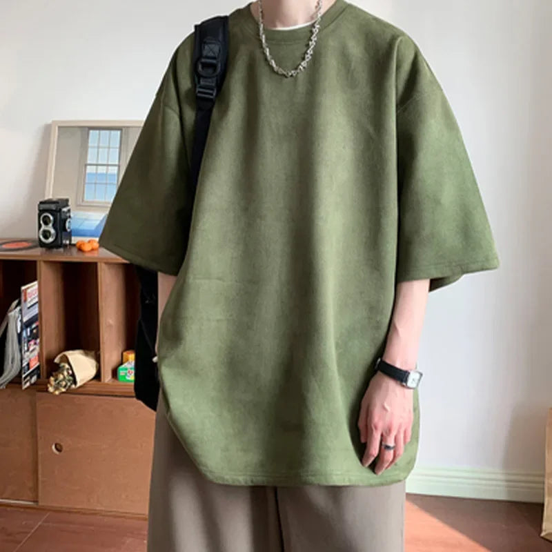 Heavyweight Suede Short Sleeve T-Shirt Men's American Oversize Trendy Loose Seven-Quarter Large Size Body Shirt Casual Wear