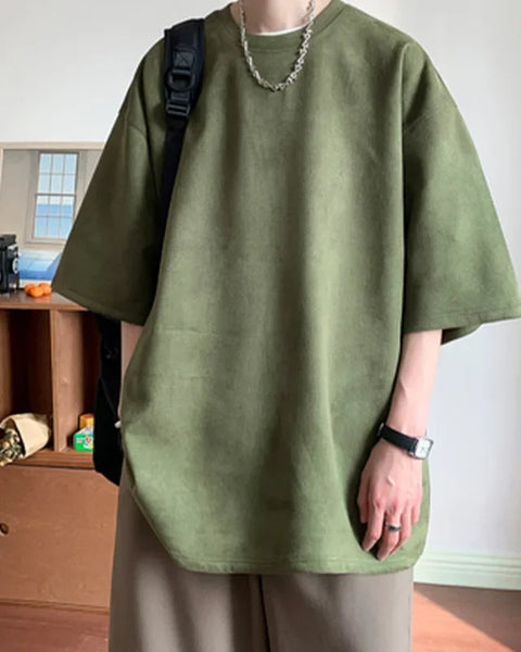 Heavyweight Suede Short Sleeve T-Shirt Men's American Oversize Trendy Loose Seven-Quarter Large Size Body Shirt Casual Wear