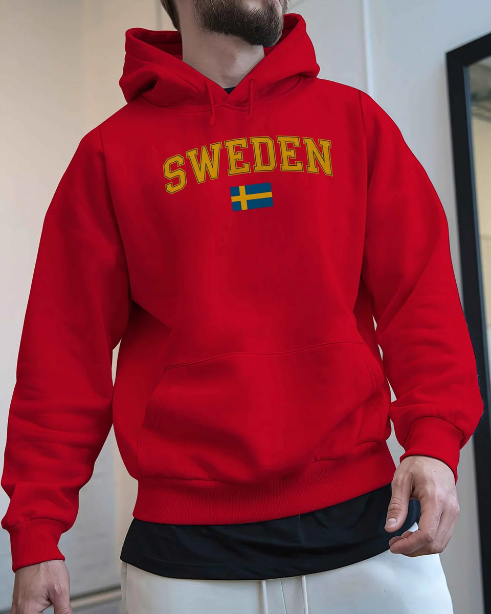 Men's Sweden Flag Graphic Hoodie - Black Velvet Fleece Sweatshirt with Yellow Lettering, Regular Fit Casual Winter Pullover