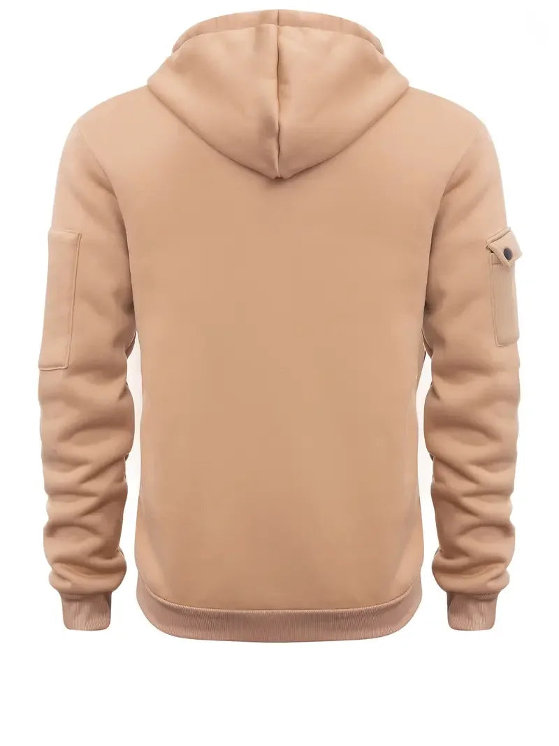 Men's Fashionable Hooded Sweatshirt with Multiple Pockets and Zippers, Casual Long Sleeved Pullover, Regular Fit, Solid Color Kn