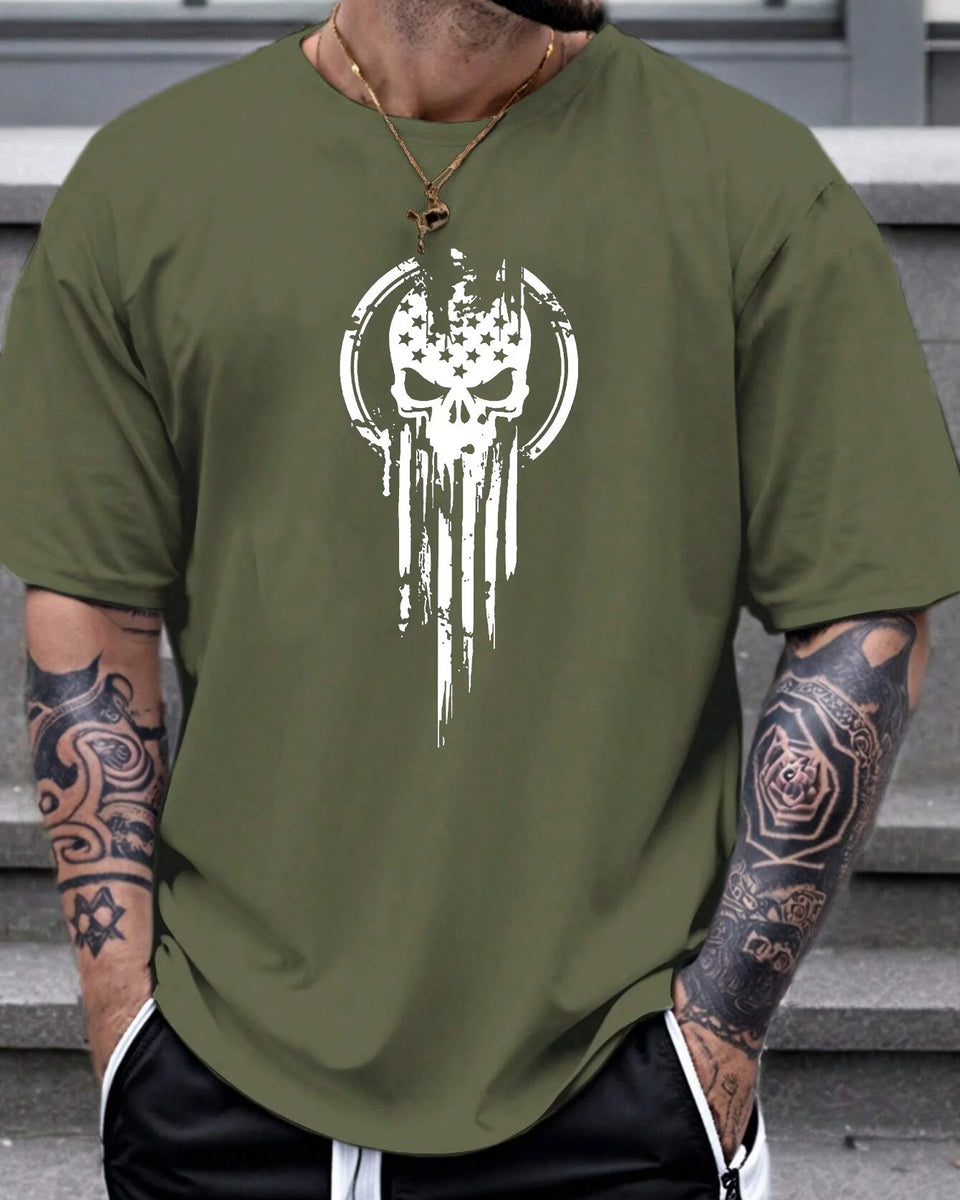 Men's 100% cotton summer fashion casual loose fit oversized Skull pattern printed sports round neck short sleeved T-shirt top