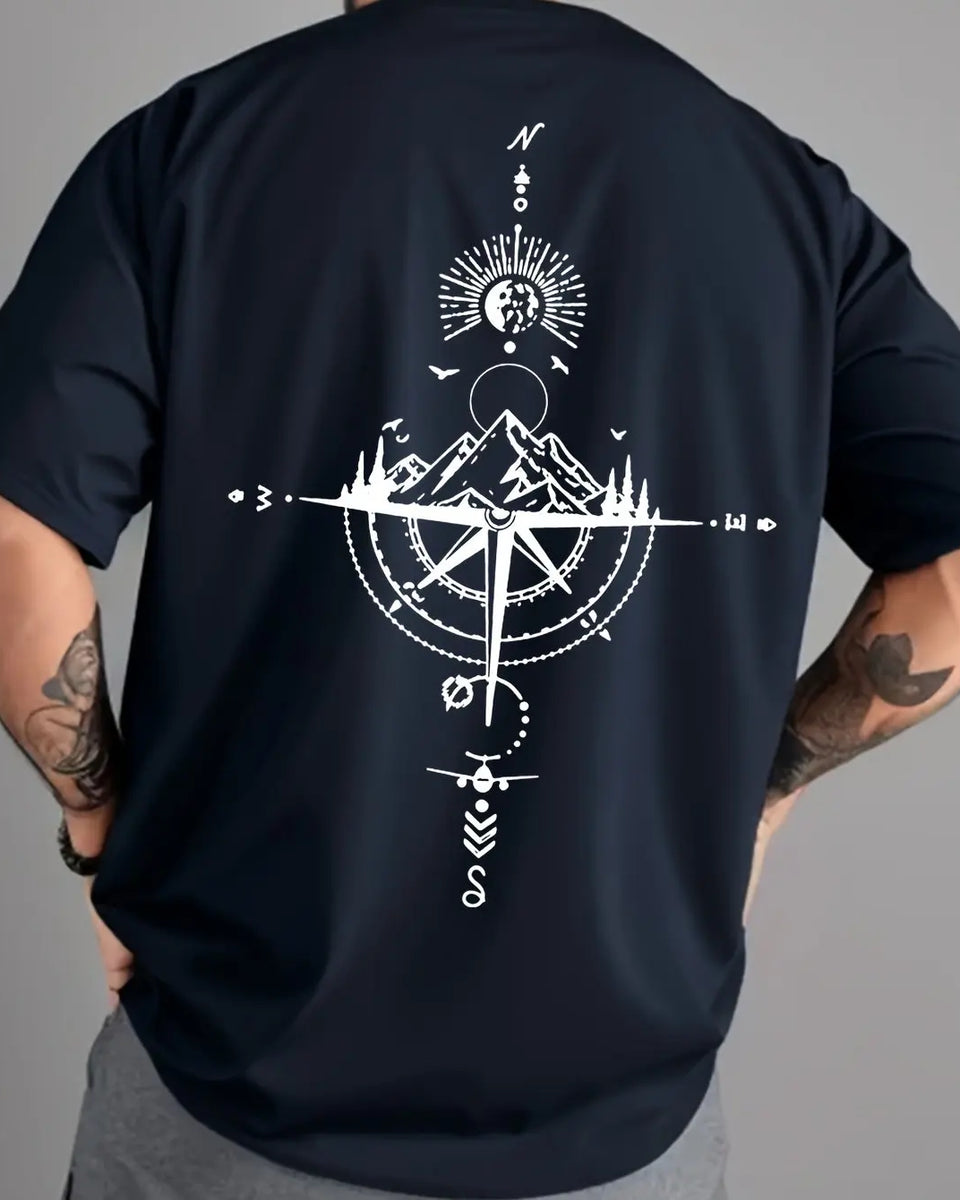 Summer men's 100% pure cotton casual sports loose oversized retro compass printed comfortable round neck short sleeved T-shirt