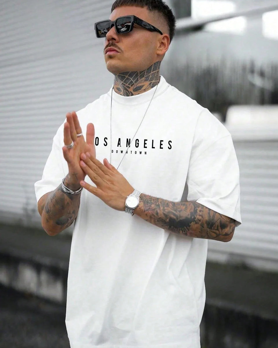 Summer men's 100% cotton comfortable casual loose oversized creative Los Angeles print sports round neck short sleeved T-shirt