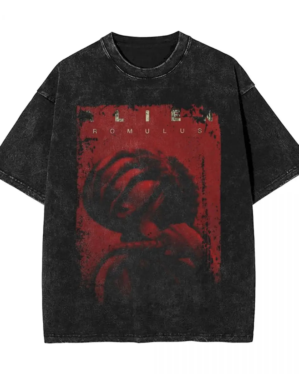 2024 New Alien Romulus Print Washed T Shirt Male Streetwear Casual T-Shirt Beach O Neck Leisure Tee Shirt Print Big Size Clothes