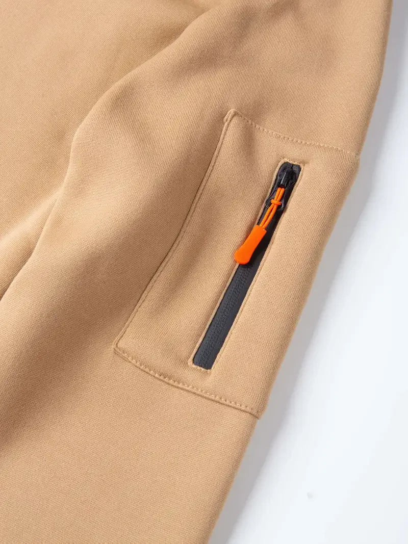 Men's Fashionable Hooded Sweatshirt with Multiple Pockets and Zippers, Casual Long Sleeved Pullover, Regular Fit, Solid Color Kn