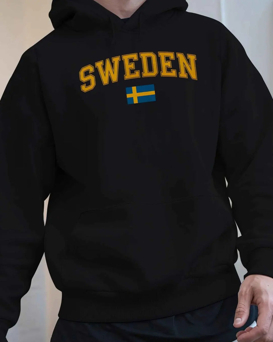 Men's Sweden Flag Graphic Hoodie - Black Velvet Fleece Sweatshirt with Yellow Lettering, Regular Fit Casual Winter Pullover
