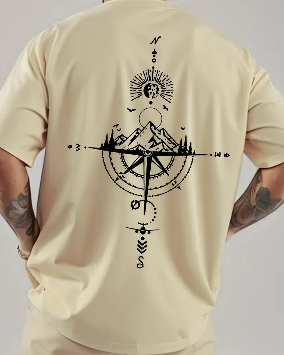 Summer men's 100% pure cotton casual sports loose oversized retro compass printed comfortable round neck short sleeved T-shirt