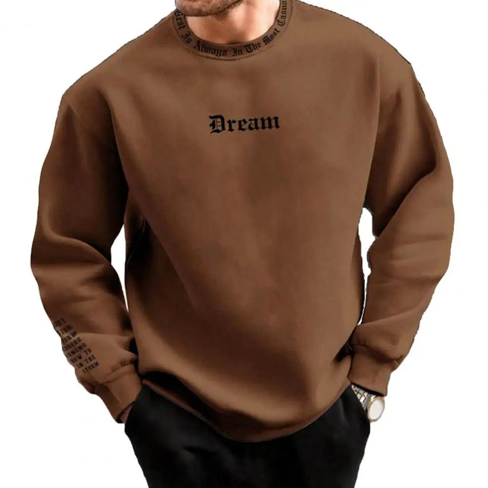 Men Fall Winter Sweatshirt Round Neck Long Sleeve Men Top Letter Print Thick Loose Warm Mid Length Men Casual Top