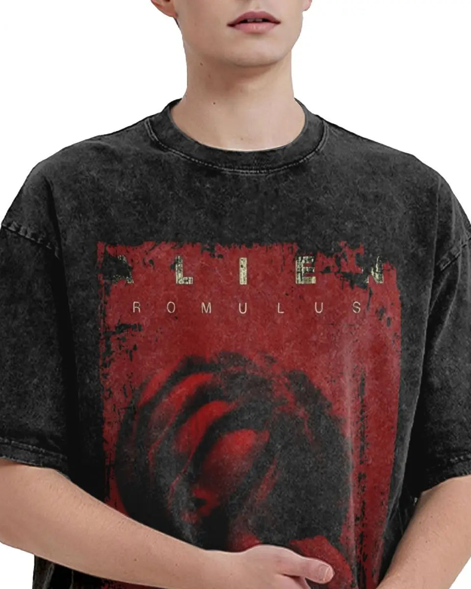 2024 New Alien Romulus Print Washed T Shirt Male Streetwear Casual T-Shirt Beach O Neck Leisure Tee Shirt Print Big Size Clothes