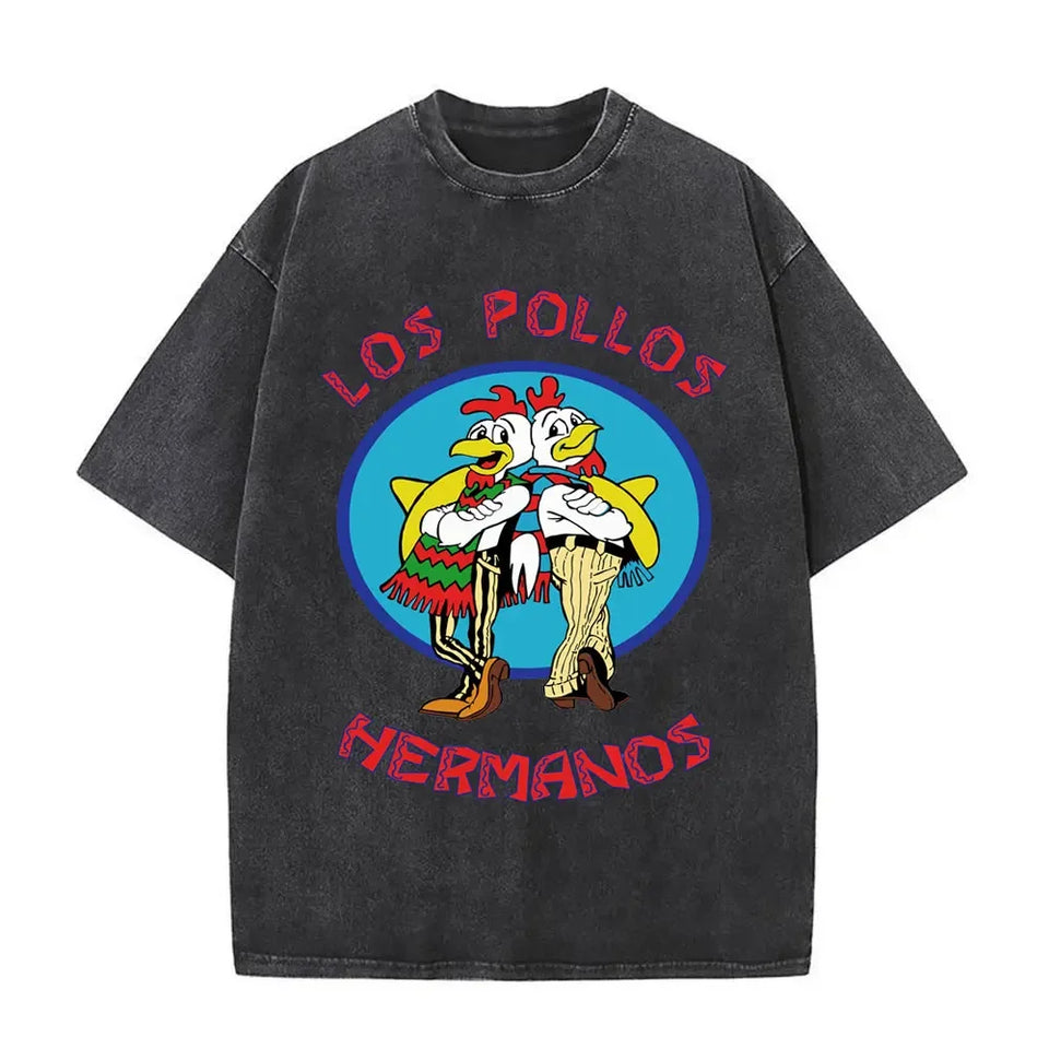Summer men's and women's fashion water wash vintage retro Los Pollos Hermanos chicken pattern T-shirt casual loose top