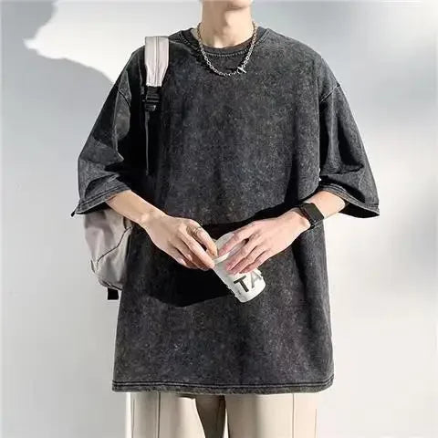 Trendy Cotton Oversize Short Sleeve T-Shirt For Men European And American Style Distressed Washing Heavy Duty Half Sleeve Top