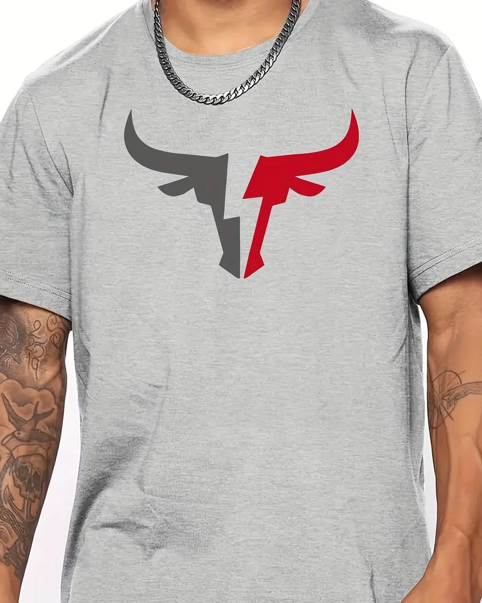 Summer men's 100% cotton comfortable casual loose fit plus size bull pattern print sports round neck short sleeved T-shirt top