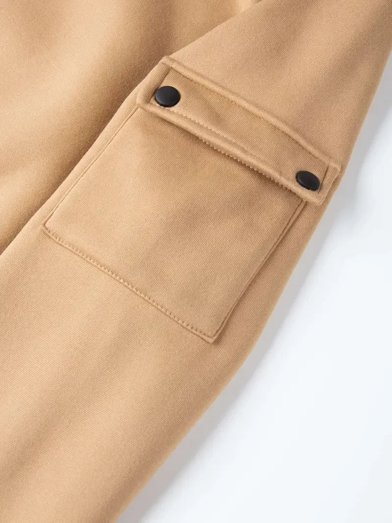 Men's Fashionable Hooded Sweatshirt with Multiple Pockets and Zippers, Casual Long Sleeved Pullover, Regular Fit, Solid Color Kn