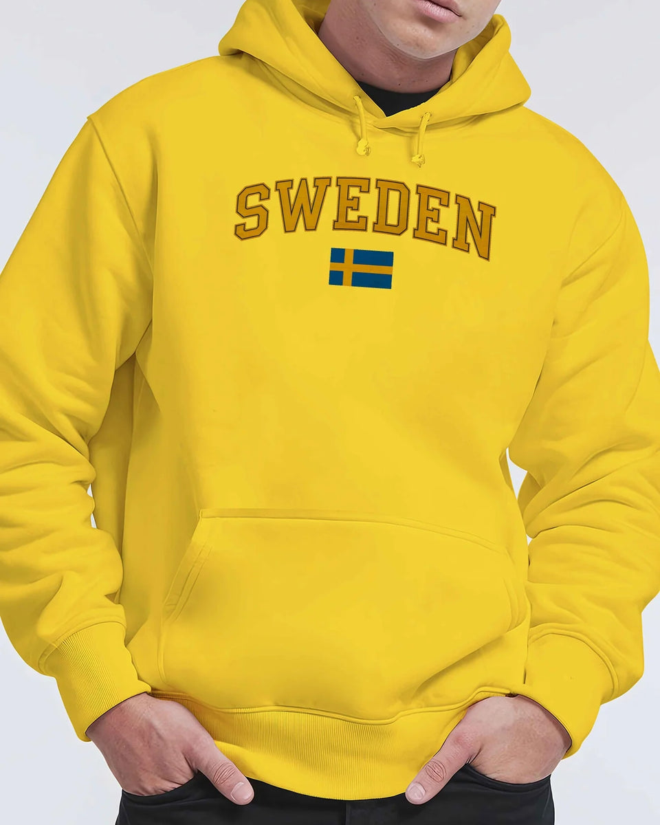 Men's Sweden Flag Graphic Hoodie - Black Velvet Fleece Sweatshirt with Yellow Lettering, Regular Fit Casual Winter Pullover