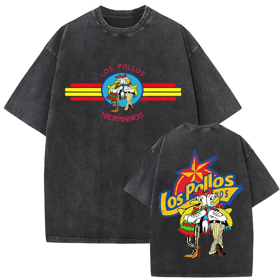 Summer men's and women's fashion water wash vintage retro Los Pollos Hermanos chicken pattern T-shirt casual loose top