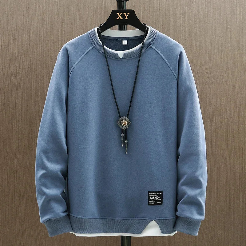 2025 New Mens Casual Sweatshirts Harajuku Solid Color Fashion Fake Two Pieces O-Neck Sweatshirt Hoodies Hip Hop Male Streetwear