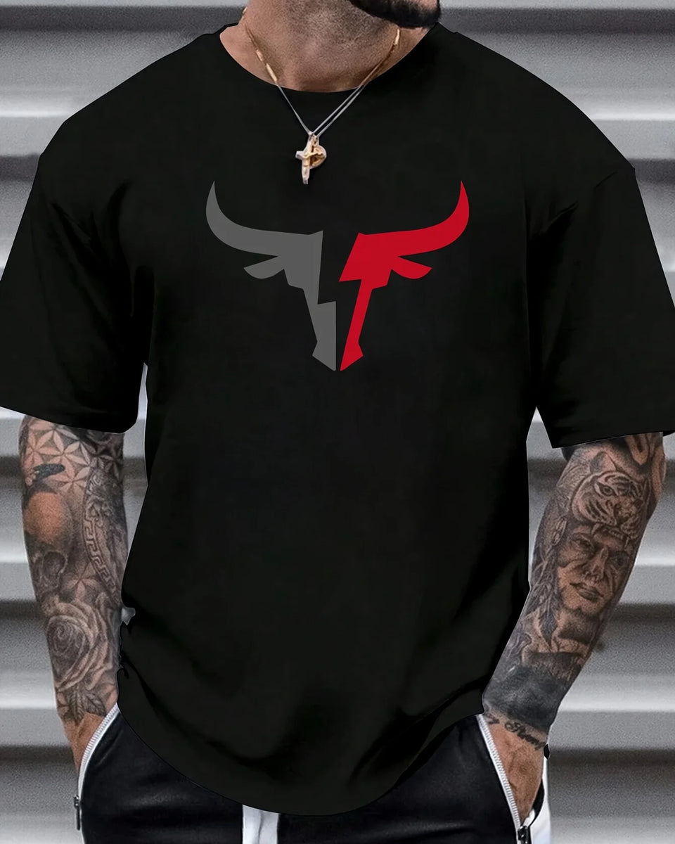 Summer men's 100% cotton comfortable casual loose fit plus size bull pattern print sports round neck short sleeved T-shirt top