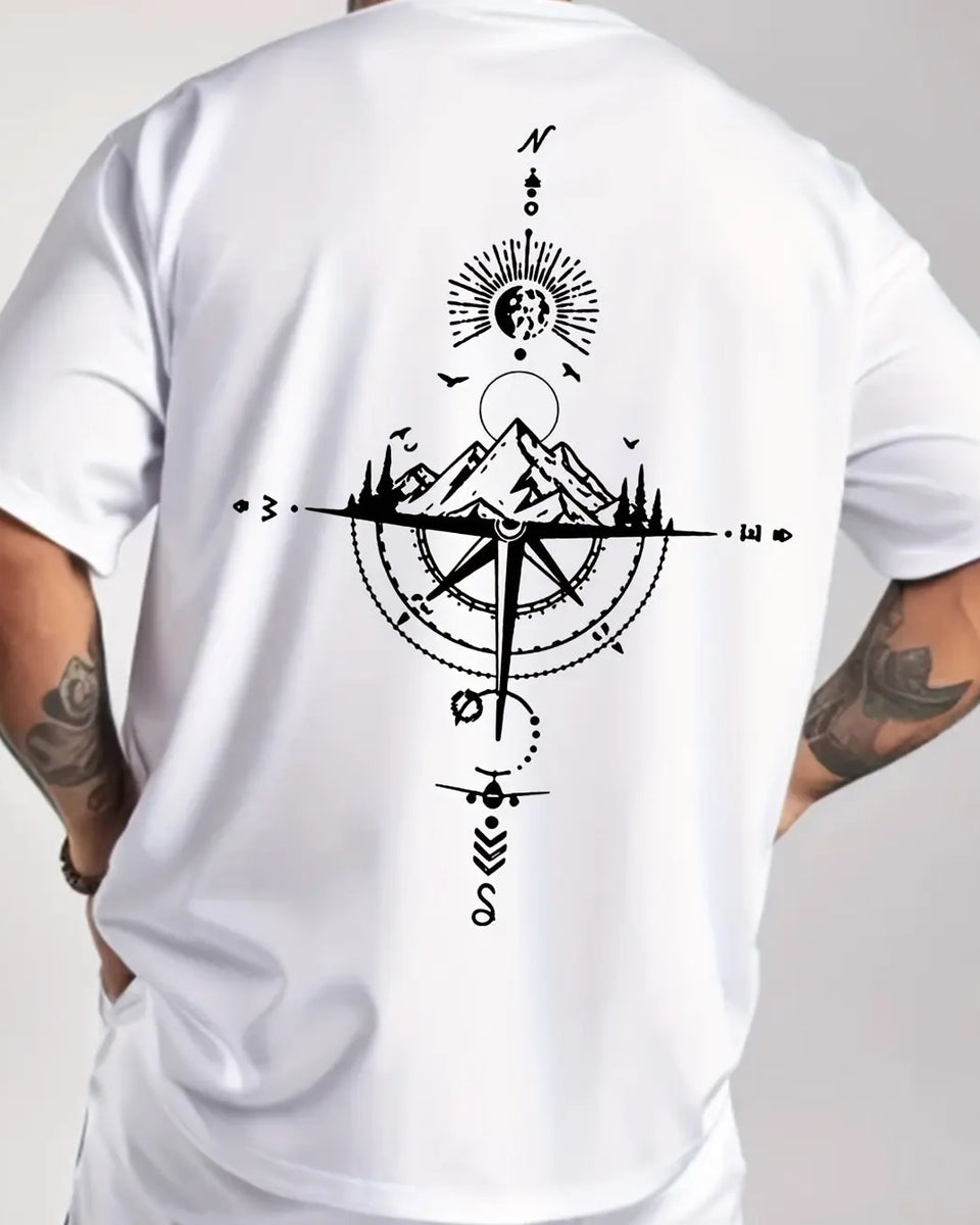 Summer men's 100% pure cotton casual sports loose oversized retro compass printed comfortable round neck short sleeved T-shirt