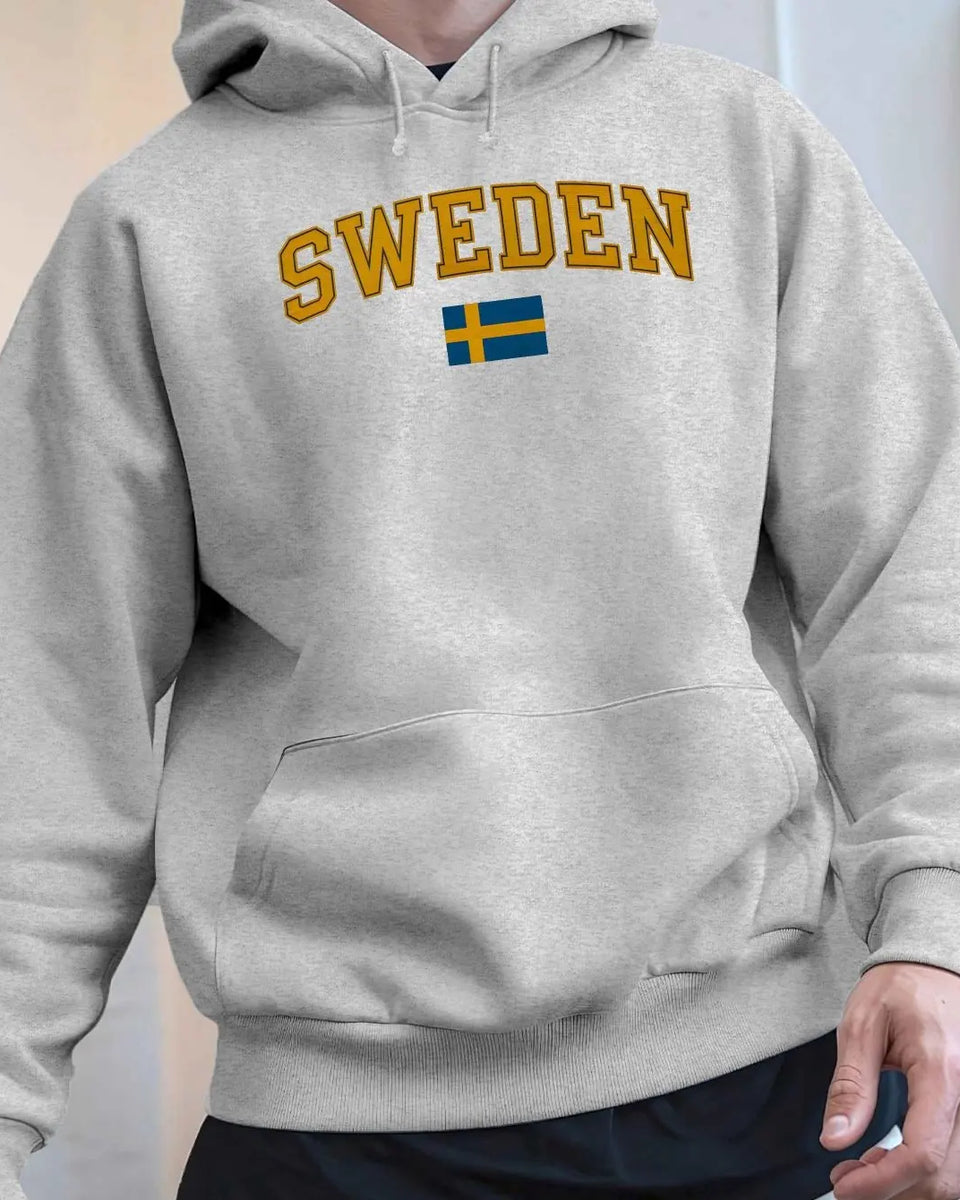Men's Sweden Flag Graphic Hoodie - Black Velvet Fleece Sweatshirt with Yellow Lettering, Regular Fit Casual Winter Pullover