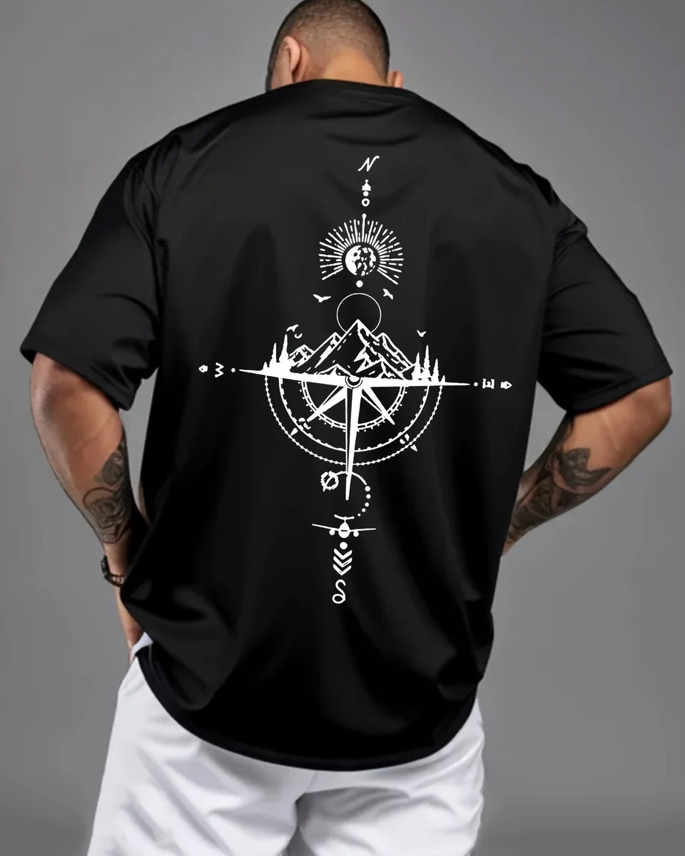 Summer men's 100% pure cotton casual sports loose oversized retro compass printed comfortable round neck short sleeved T-shirt
