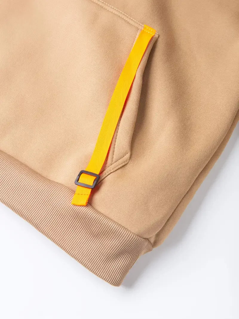 Men's Fashionable Hooded Sweatshirt with Multiple Pockets and Zippers, Casual Long Sleeved Pullover, Regular Fit, Solid Color Kn