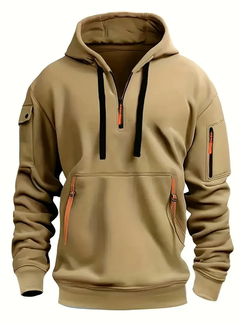 Men's Fashionable Hooded Sweatshirt with Multiple Pockets and Zippers, Casual Long Sleeved Pullover, Regular Fit, Solid Color Kn