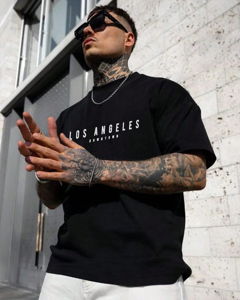 Summer men's 100% cotton comfortable casual loose oversized creative Los Angeles print sports round neck short sleeved T-shirt