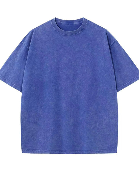 Loose Plus Size Blue 100% Cotton Off Shoulder Wash To Make Old High-quality Solid Color Simple Men's T-shirt