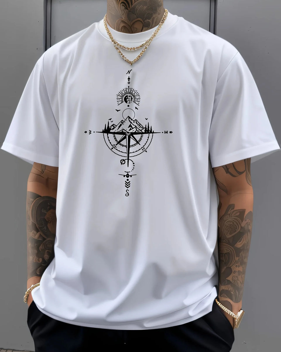Summer men's 100% pure cotton casual sports loose oversized retro compass printed comfortable round neck short sleeved T-shirt