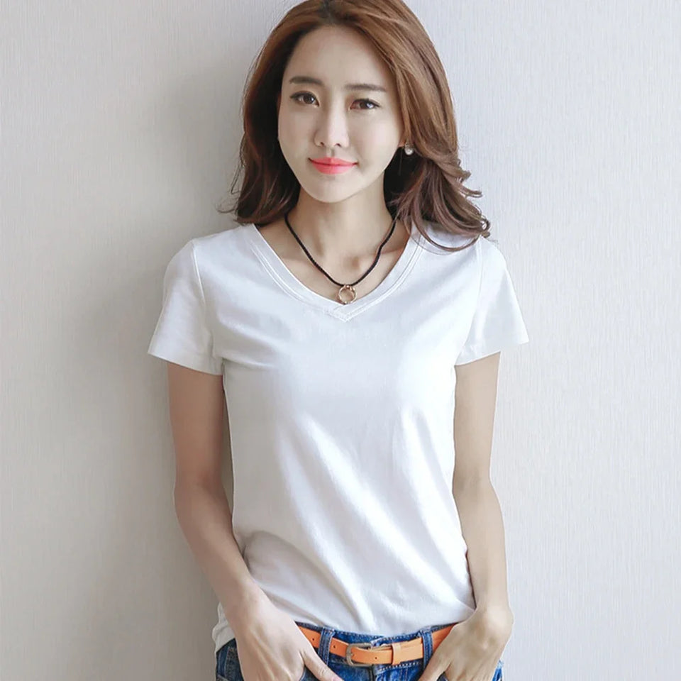 Fashion Women Spring Summer Cotton T-shirt Short Sleeve Female Tee Slim Solid Color T-Shirt Casual Breathable Tops