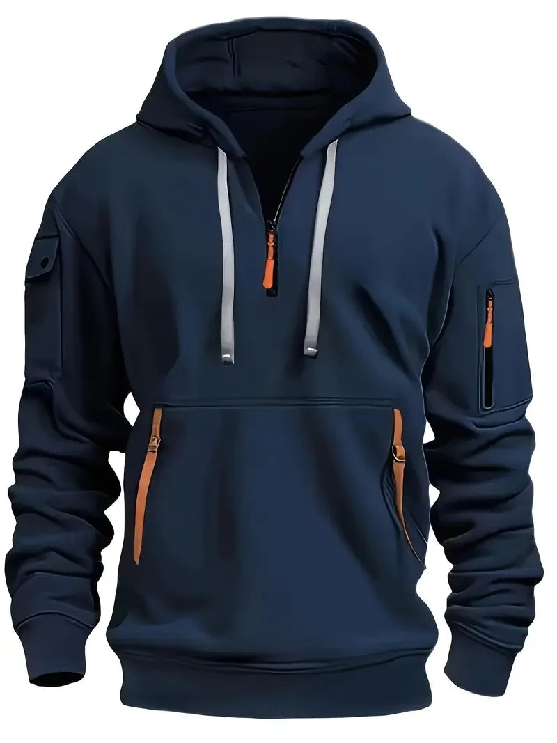 Men's Fashionable Hooded Sweatshirt with Multiple Pockets and Zippers, Casual Long Sleeved Pullover, Regular Fit, Solid Color Kn