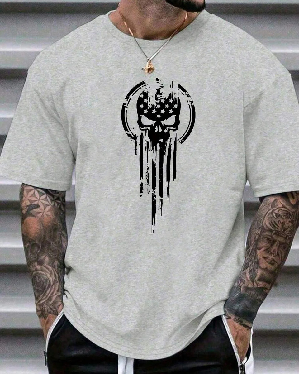 Men's 100% cotton summer fashion casual loose fit oversized Skull pattern printed sports round neck short sleeved T-shirt top