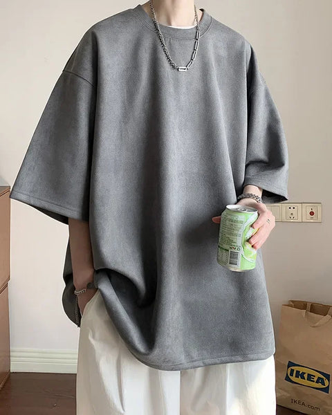 Heavyweight Suede Short Sleeve T-Shirt Men's American Oversize Trendy Loose Seven-Quarter Large Size Body Shirt Casual Wear