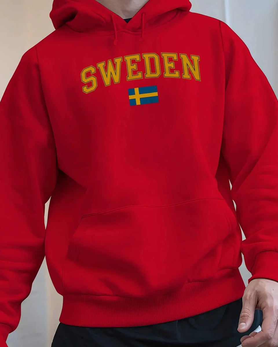 Men's Sweden Flag Graphic Hoodie - Black Velvet Fleece Sweatshirt with Yellow Lettering, Regular Fit Casual Winter Pullover