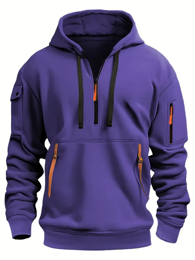 Men's Fashionable Hooded Sweatshirt with Multiple Pockets and Zippers, Casual Long Sleeved Pullover, Regular Fit, Solid Color Kn