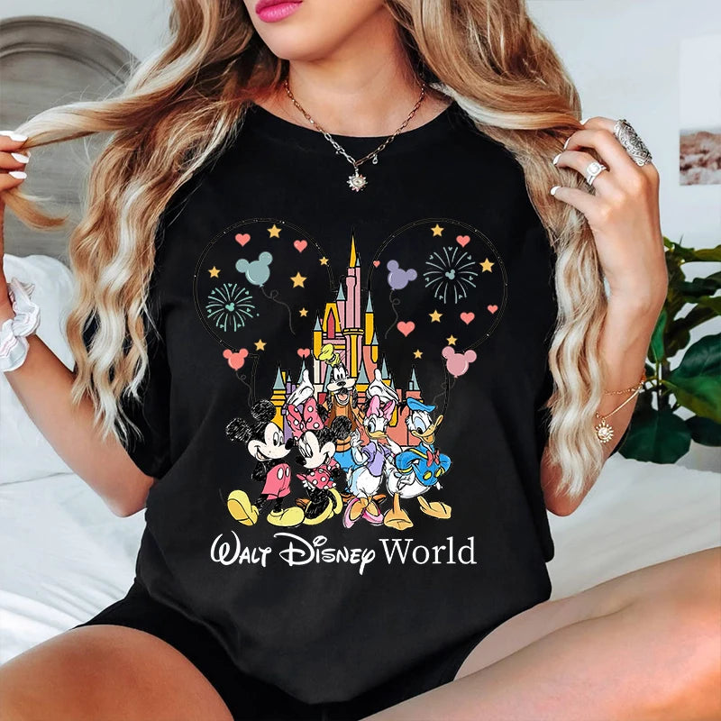 Disney World Mickey And Friends Print Women's T-Shirt Cotton Short Sleeve Casual Top