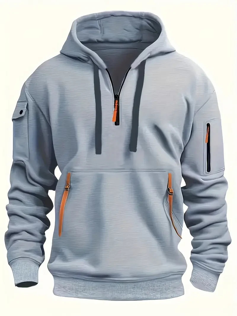 Men's Fashionable Hooded Sweatshirt with Multiple Pockets and Zippers, Casual Long Sleeved Pullover, Regular Fit, Solid Color Kn