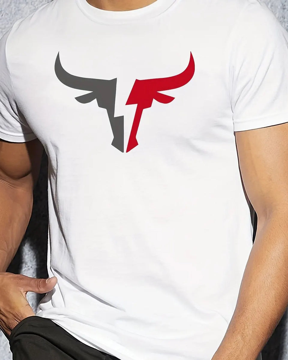 Summer men's 100% cotton comfortable casual loose fit plus size bull pattern print sports round neck short sleeved T-shirt top