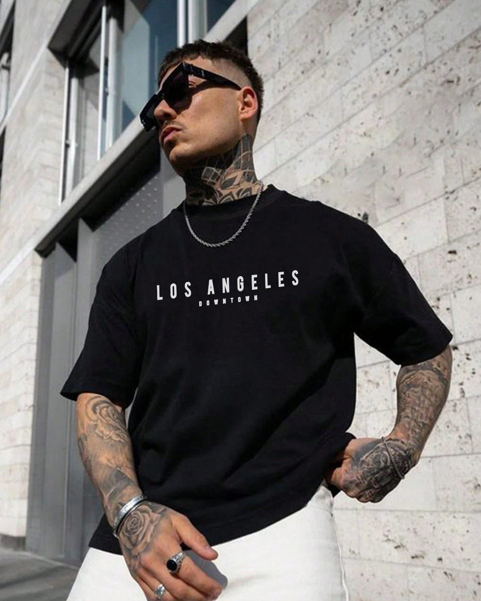 Summer men's 100% cotton comfortable casual loose oversized creative Los Angeles print sports round neck short sleeved T-shirt
