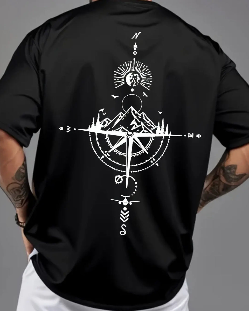 Summer men's 100% pure cotton casual sports loose oversized retro compass printed comfortable round neck short sleeved T-shirt