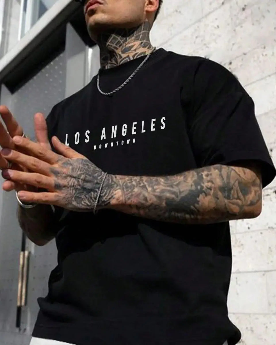 Summer men's 100% cotton comfortable casual loose oversized creative Los Angeles print sports round neck short sleeved T-shirt