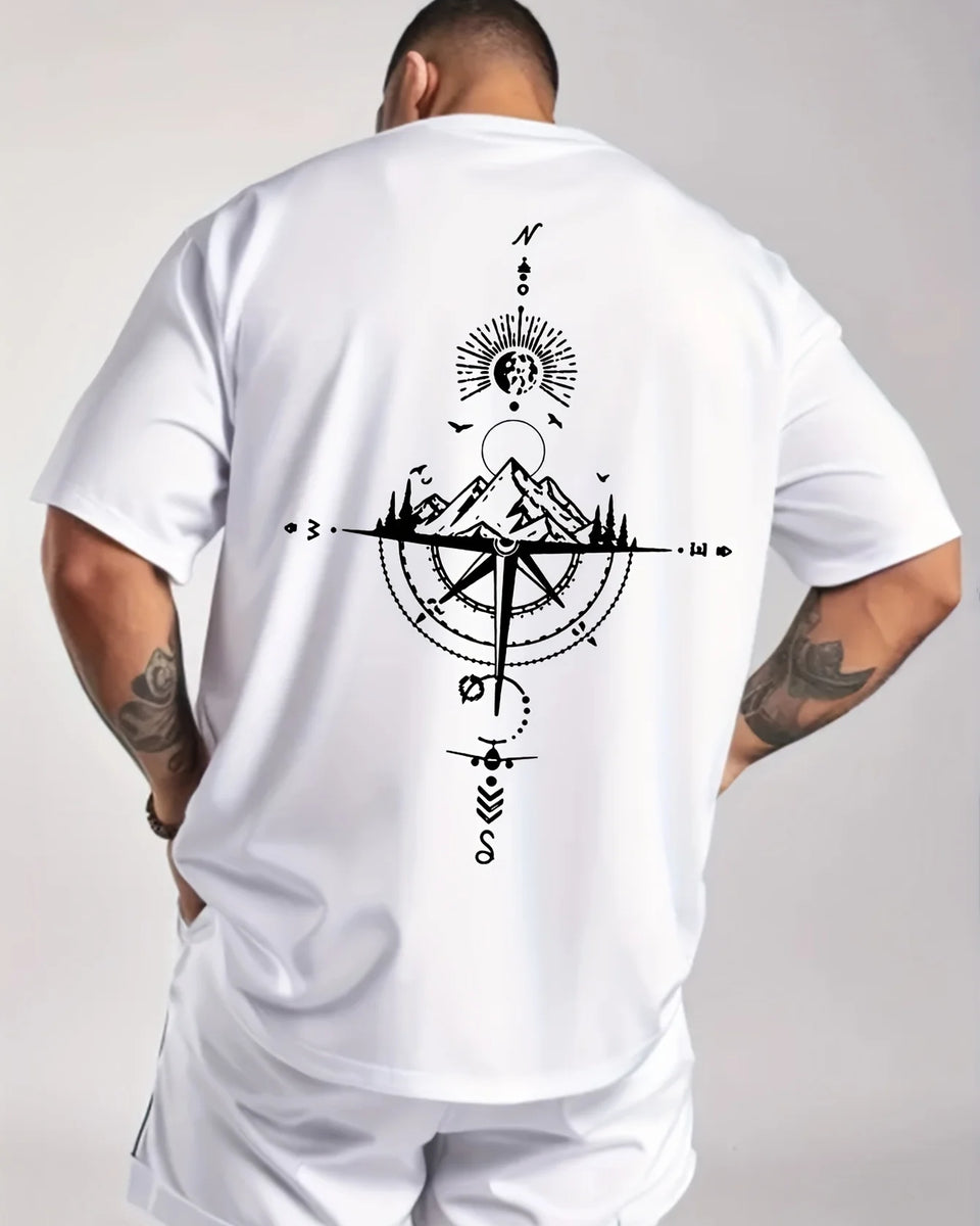 Summer men's 100% pure cotton casual sports loose oversized retro compass printed comfortable round neck short sleeved T-shirt