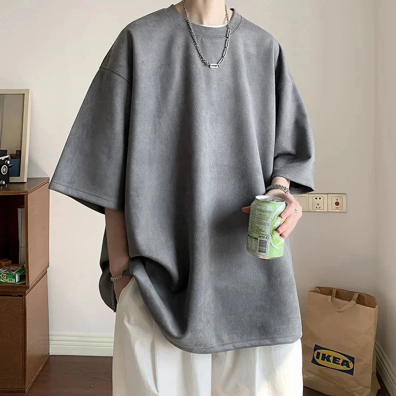 Heavyweight Suede Short Sleeve T-Shirt Men's American Oversize Trendy Loose Seven-Quarter Large Size Body Shirt Casual Wear
