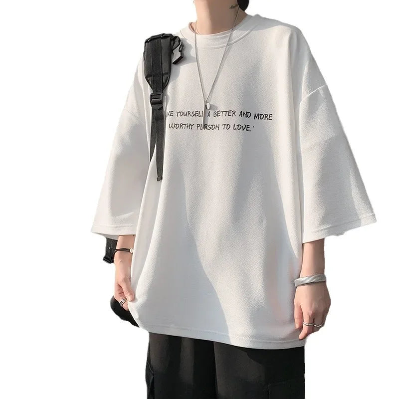 Loose Ice Silk Men's T-shirt Short Sleeve Oversize Feeling Five-Quarter Sleeve Fashionable Casual Summer Crew Neck Top