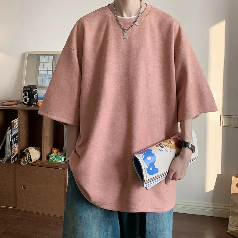 Heavyweight Suede Short Sleeve T-Shirt Men's American Oversize Trendy Loose Seven-Quarter Large Size Body Shirt Casual Wear