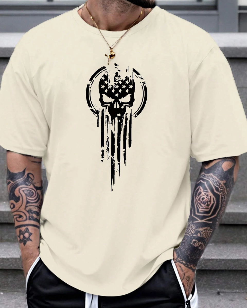 Men's 100% cotton summer fashion casual loose fit oversized Skull pattern printed sports round neck short sleeved T-shirt top
